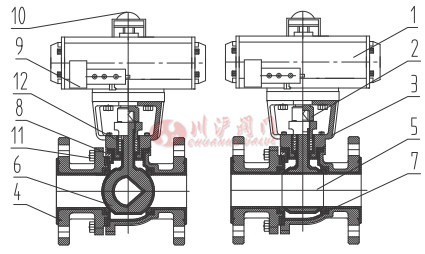 氣動襯氟調節球閥結構圖
